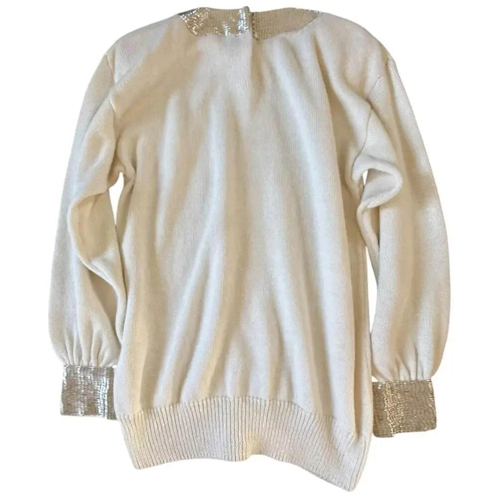 Vintage Sequin Tie Sweater – Ivory Pullover - Picture 2 of 6